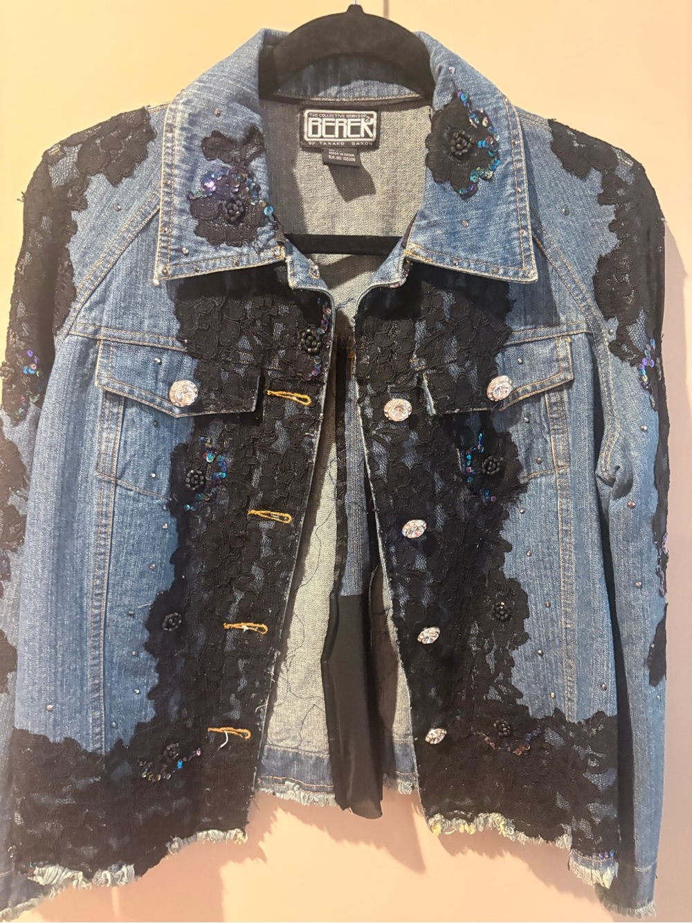 beek Blue Denim Jacket with Black Lace, Sequin & Crystal Buttons